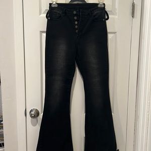 black denim with fade, flare bottom